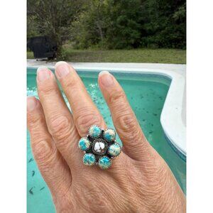 Artisan Sea Sediment Jasper Wild Horse turquoise SS 925  Statement cluster Ring